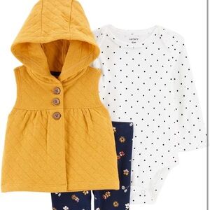 9 months Three Piece with Vest. Mustard yellow and Floral. Carter’s.